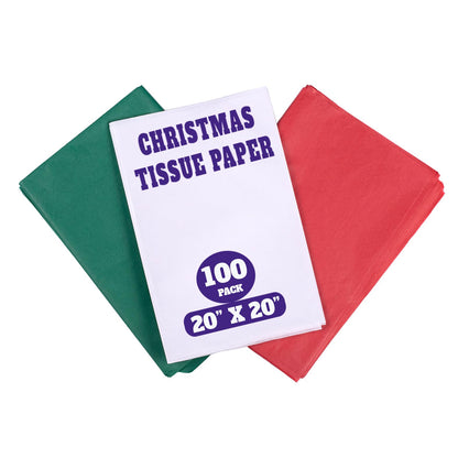50 Christmas Tissue Paper Sheets - 20x20 Inch, Red, White, Green & Printed Holiday Tissue Paper for Xmas Wrapping, Gift Bags & Crafts - Festive Colors