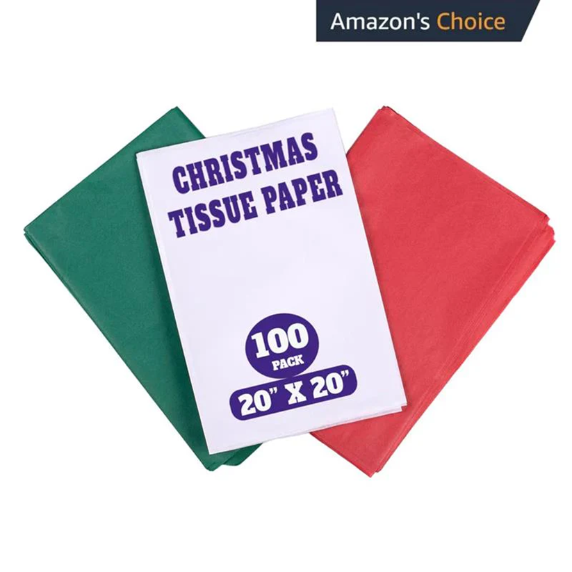 Pack of Christmas tissue paper with green, red, and white sheets on a white background.