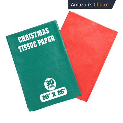 Green and red Christmas tissue paper with product details on a white background