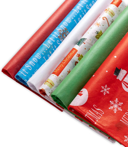 50 Christmas Tissue Paper Sheets - 20x20 Inch, Red, White, Green & Printed Holiday Tissue Paper for Xmas Wrapping, Gift Bags & Crafts - Festive Colors