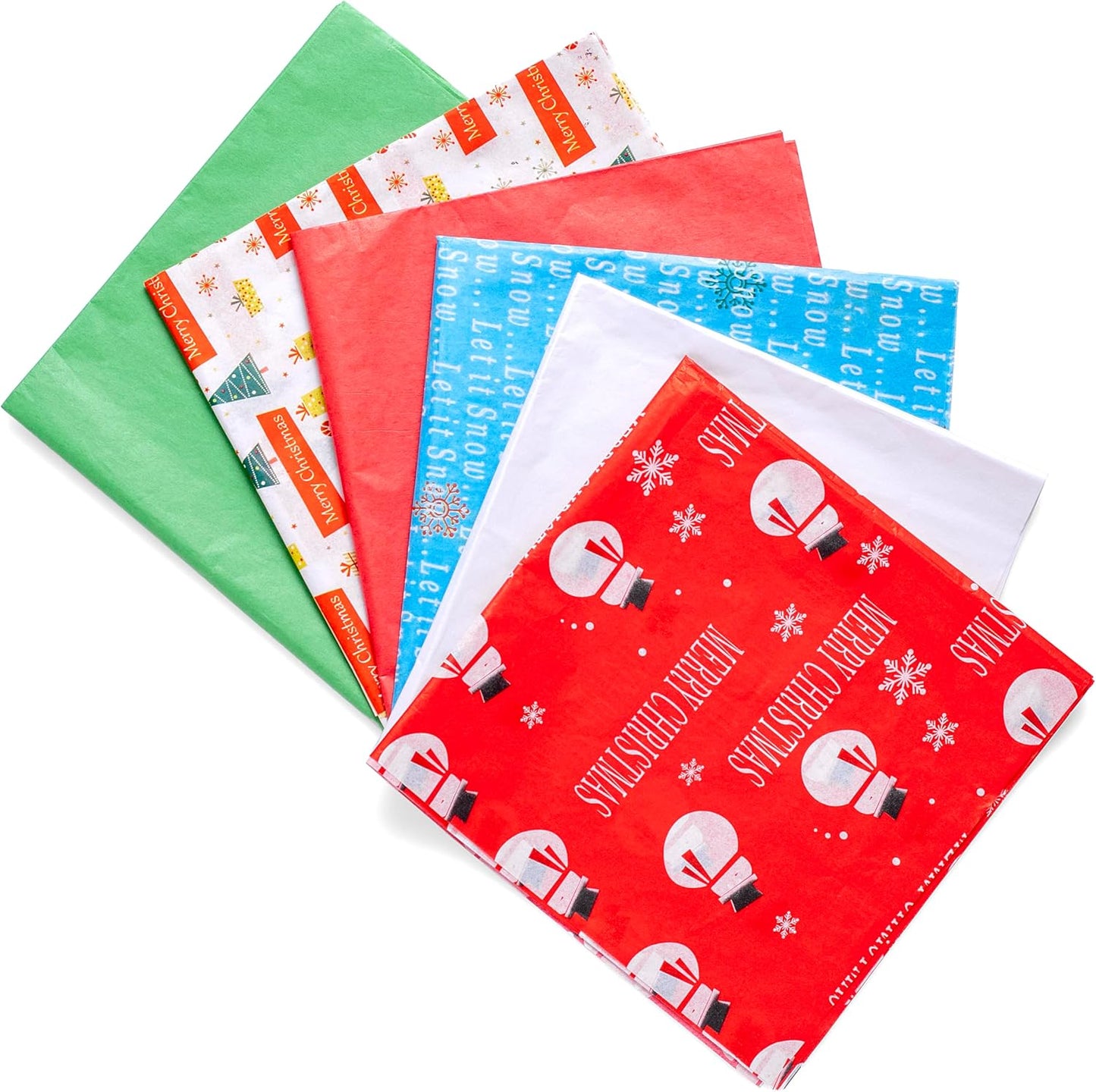 50 Christmas Tissue Paper Sheets - 20x20 Inch, Red, White, Green & Printed Holiday Tissue Paper for Xmas Wrapping, Gift Bags & Crafts - Festive Colors