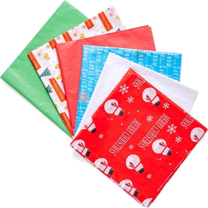 50 Christmas Tissue Paper Sheets - 20x20 Inch, Red, White, Green & Printed Holiday Tissue Paper for Xmas Wrapping, Gift Bags & Crafts - Festive Colors