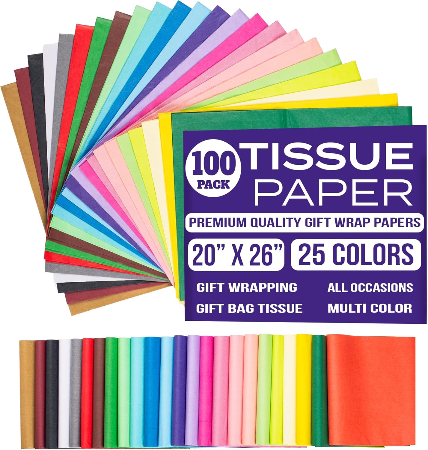 Tissue Paper for Gift Bags - Tissue Paper Bulk | 25 Colors 100 Sheets Colored 20x26 | Crafts, Wrapping, Packaging, Birthday, Holiday