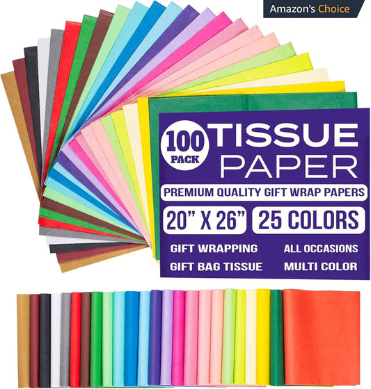 Tissue Paper for Gift Bags - Tissue Paper Bulk | 25 Colors 100 Sheets Colored 20x26 | Crafts, Wrapping, Packaging, Birthday, Holiday