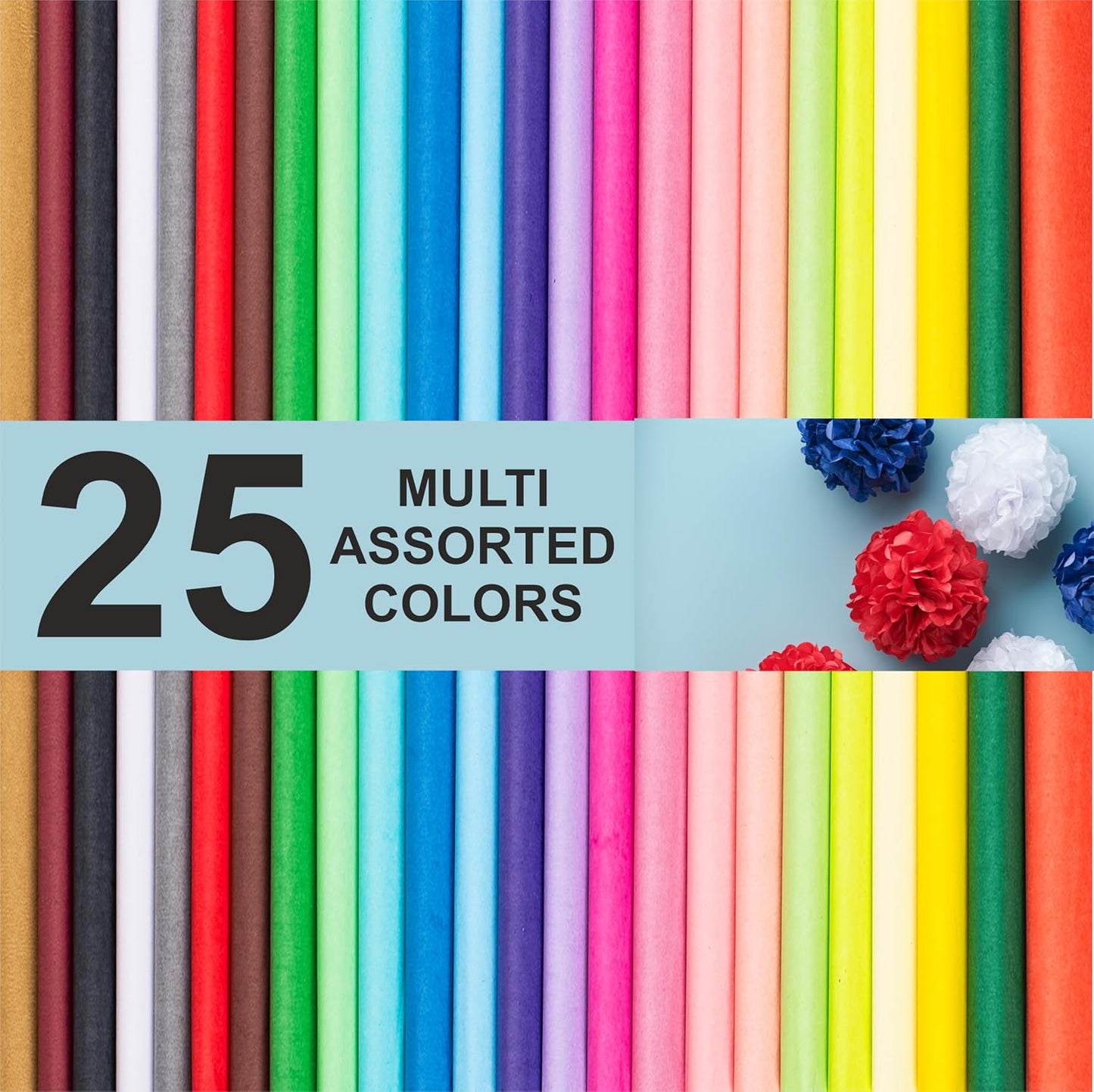 Tissue Paper for Gift Bags - Tissue Paper Bulk | 25 Colors 100 Sheets Colored 20x26 | Crafts, Wrapping, Packaging, Birthday, Holiday
