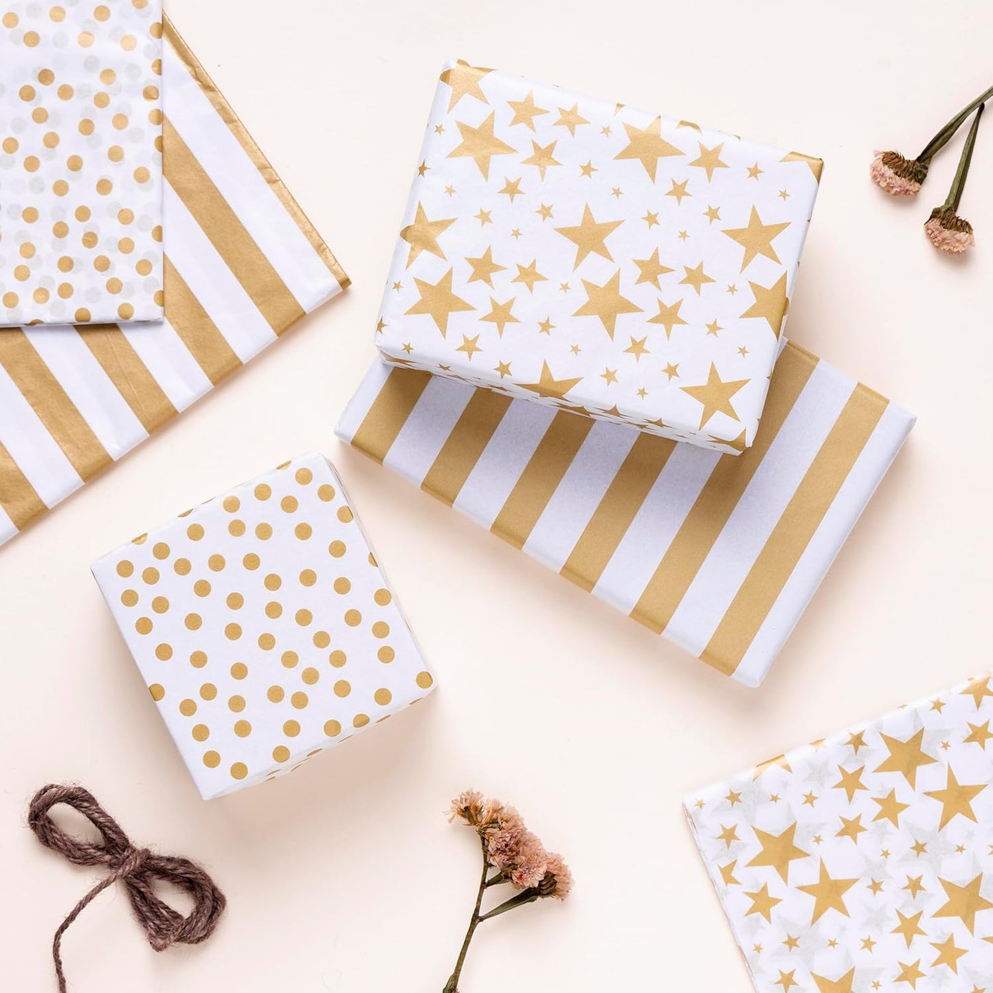 60 Sheets Gold Tissue Paper for Gift Bags - Versatile 15x20 inch White and Gold Christmas Wrapping Paper, Patterned & Printed for Festive Gift Wrap