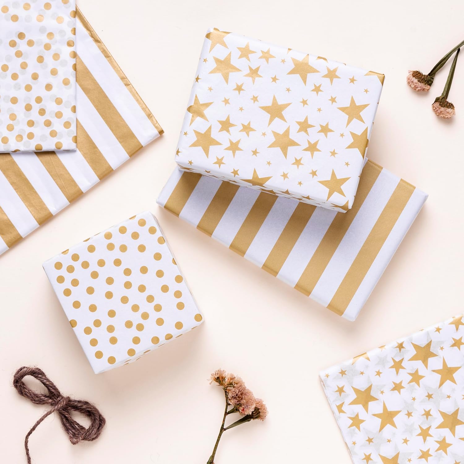 60 Sheets Gold Tissue Paper for Gift Bags - Versatile 15x20 inch White and Gold Christmas Wrapping Paper, Patterned & Printed for Festive Gift Wrap