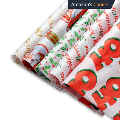 50 Christmas Tissue Paper Sheets - 20x20 Inch, Red, White, Green & Printed Holiday Tissue Paper for Xmas Wrapping, Gift Bags & Crafts - Festive Colors