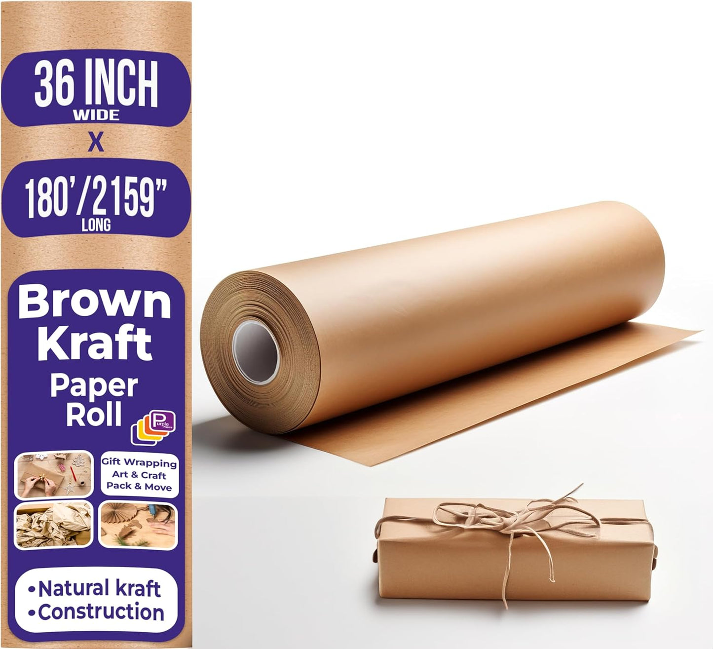 Brown Kraft Paper Roll - 36 Inch X 180 Ft Bulletin Board Paper for Packing, Construction, Wrapping, Kids Art, Craft, Shipping - Jumbo Size