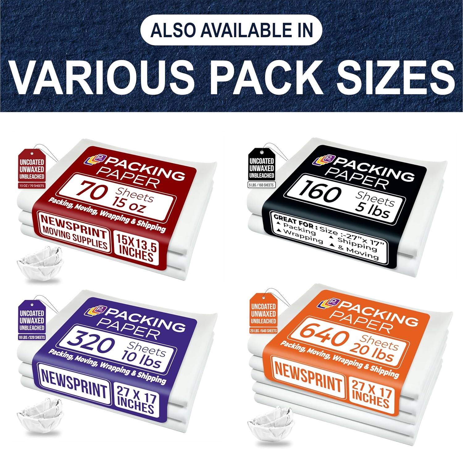 Purple Papers White Bulk Packing Paper | 1600 Sheets | 27" x 17" | Sheets for Moving - Newsprint Paper - Must Have in Your Moving Supplies | Newsprint Papers | Packaging Paper