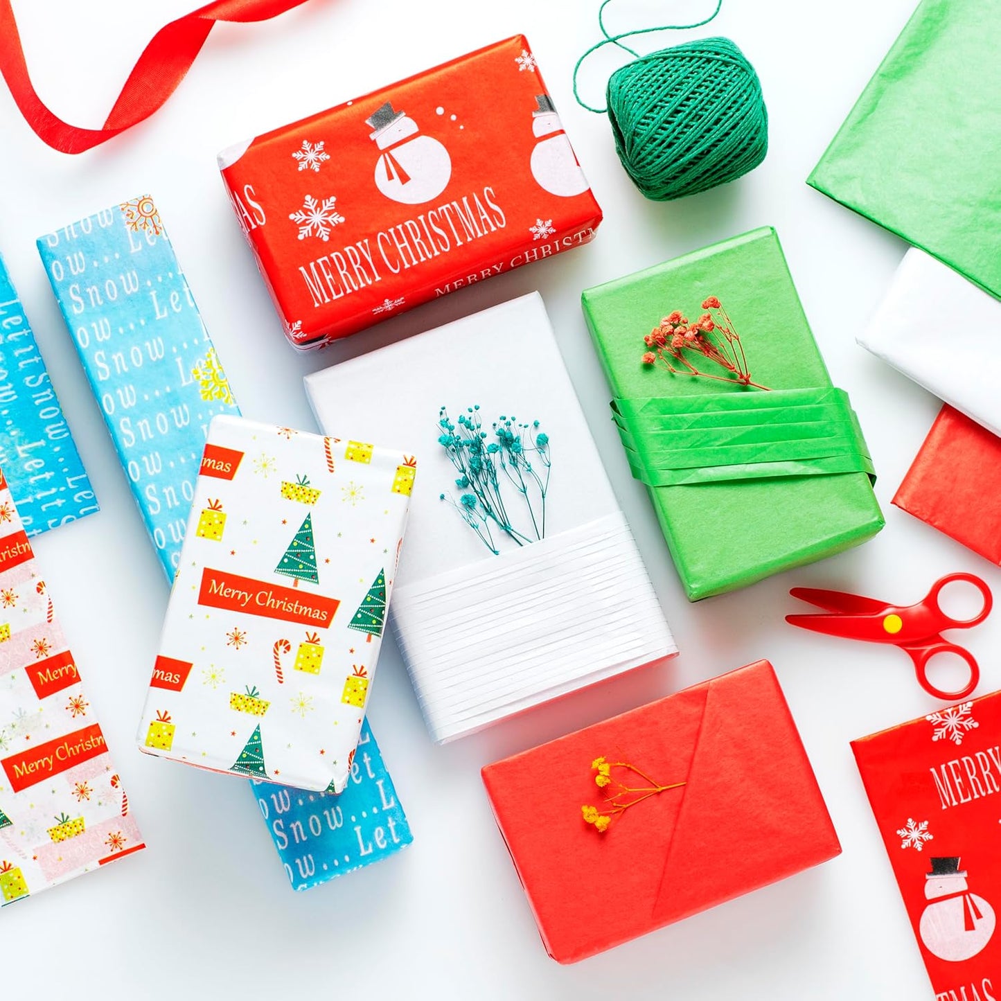 50 Christmas Tissue Paper Sheets - 20x20 Inch, Red, White, Green & Printed Holiday Tissue Paper for Xmas Wrapping, Gift Bags & Crafts - Festive Colors