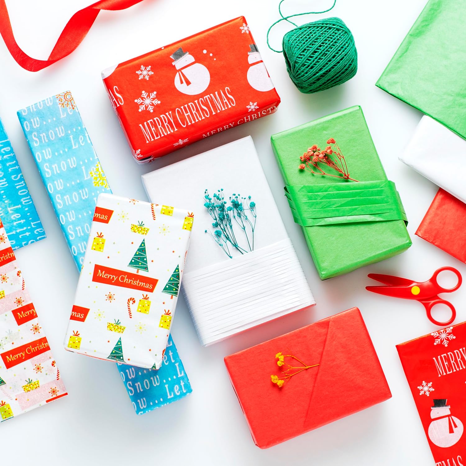 50 Christmas Tissue Paper Sheets - 20x20 Inch, Red, White, Green & Printed Holiday Tissue Paper for Xmas Wrapping, Gift Bags & Crafts - Festive Colors