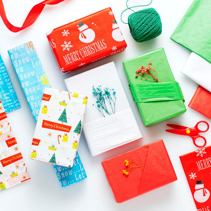 50 Christmas Tissue Paper Sheets - 20x20 Inch, Red, White, Green & Printed Holiday Tissue Paper for Xmas Wrapping, Gift Bags & Crafts - Festive Colors