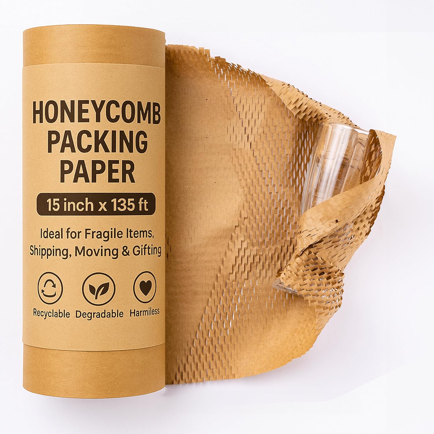 Honeycomb Packing Paper,15" W x 135' L Bubble Cushioning Wrap for Moving,Products & Gifts Wrapping Paper,Recyclable and Biodegradable Cushioning Packing Material