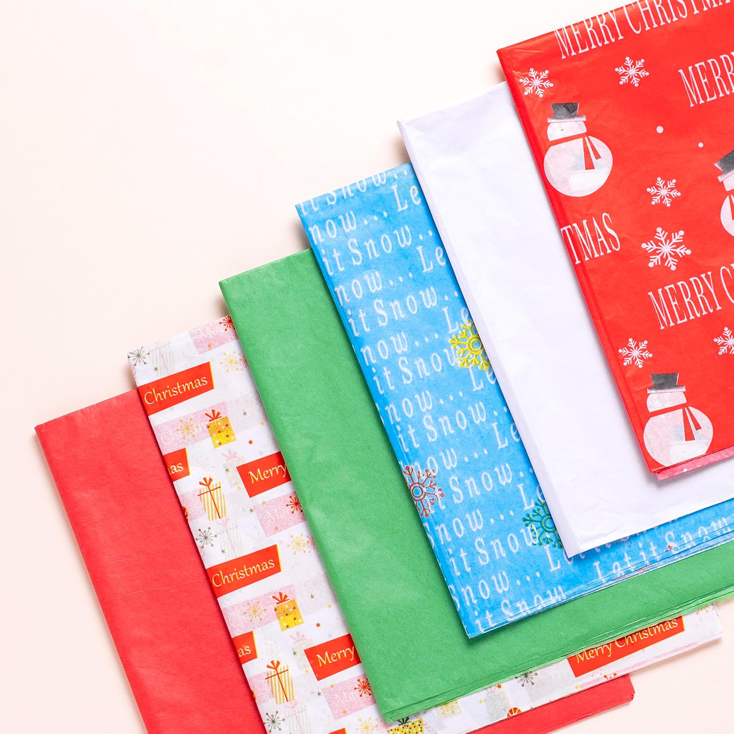 50 Christmas Tissue Paper Sheets - 20x20 Inch, Red, White, Green & Printed Holiday Tissue Paper for Xmas Wrapping, Gift Bags & Crafts - Festive Colors