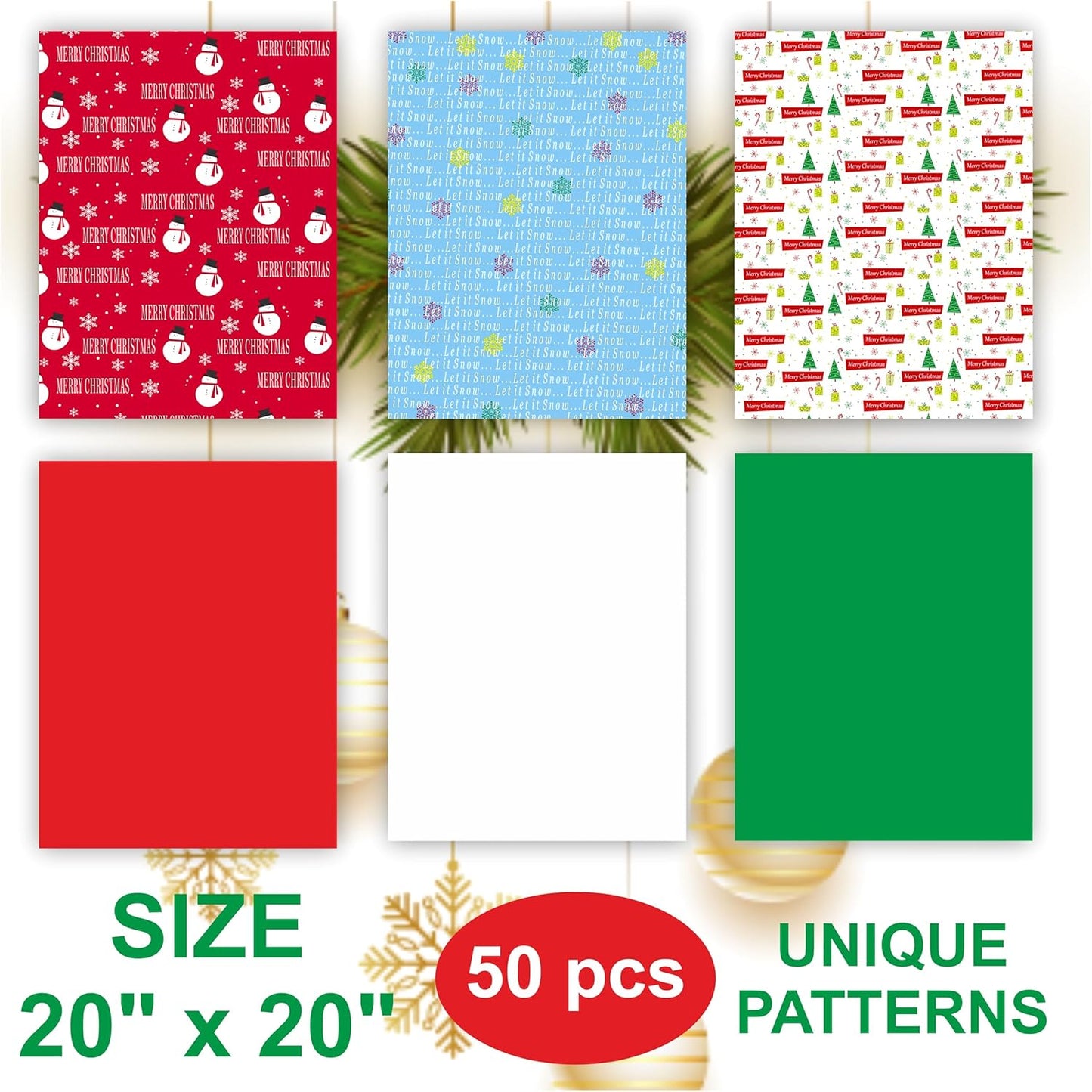 50 Christmas Tissue Paper Sheets - 20x20 Inch, Red, White, Green & Printed Holiday Tissue Paper for Xmas Wrapping, Gift Bags & Crafts - Festive Colors