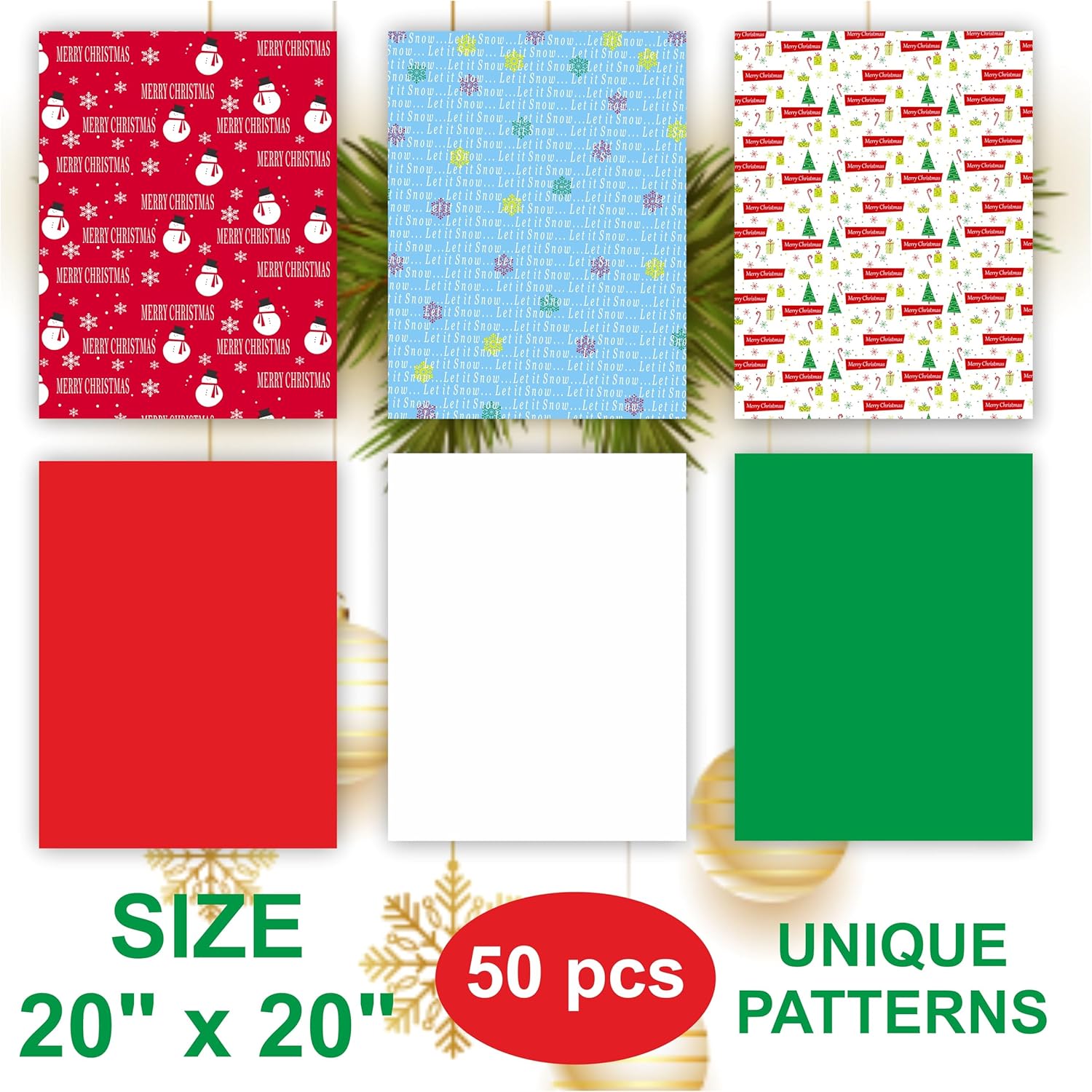 50 Christmas Tissue Paper Sheets - 20x20 Inch, Red, White, Green & Printed Holiday Tissue Paper for Xmas Wrapping, Gift Bags & Crafts - Festive Colors