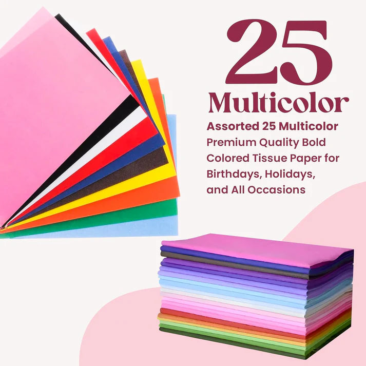 Multicolor Gift Tissue Paper Sheets 20"x26" - Pack of 5 (25 Colors) | Color Tissue Paper for Wrapping, Crafts, Gift Bags & Decor
