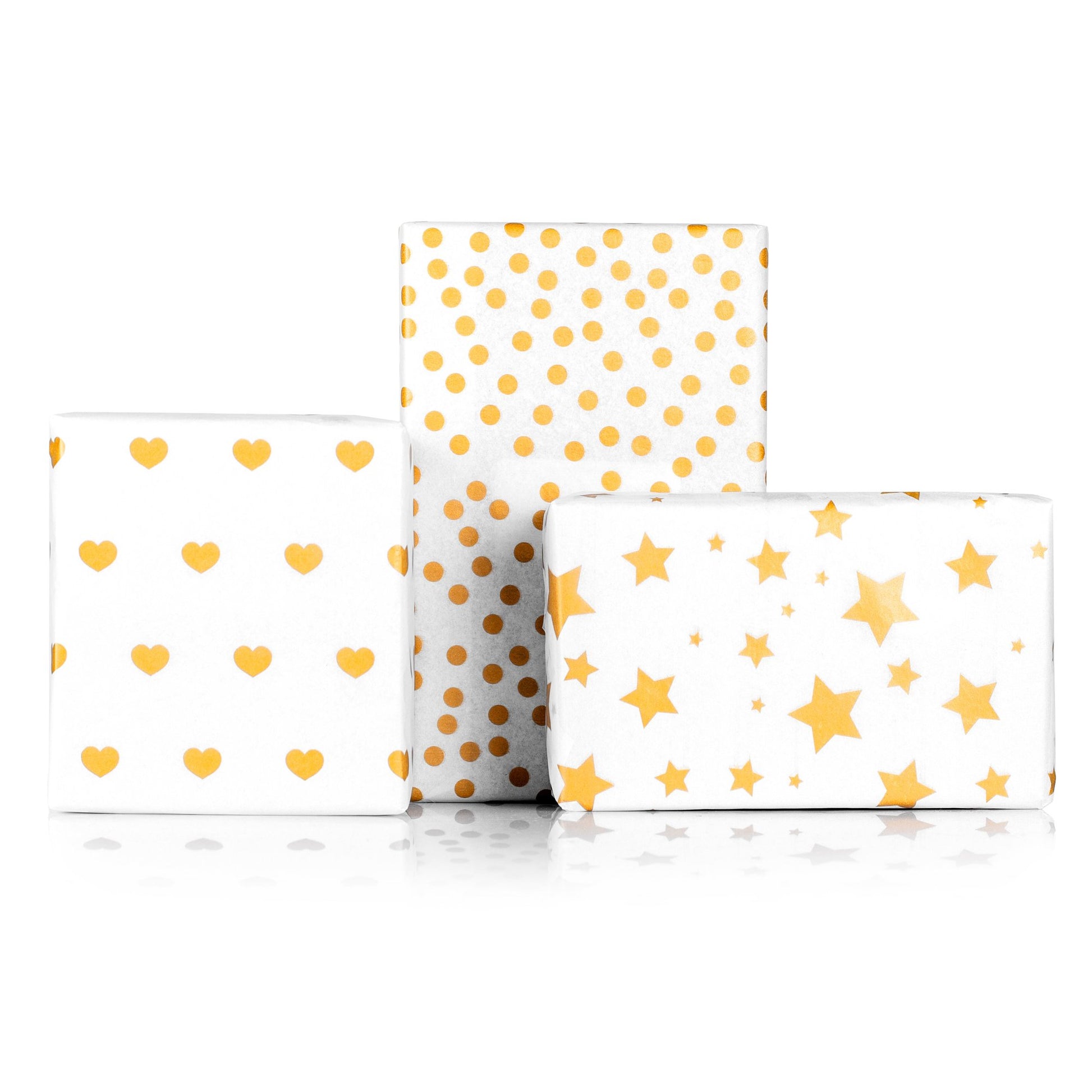 Gold Tissue Paper for Gift Bags Star Heart Polka Dots print Holiday Gift Wrap