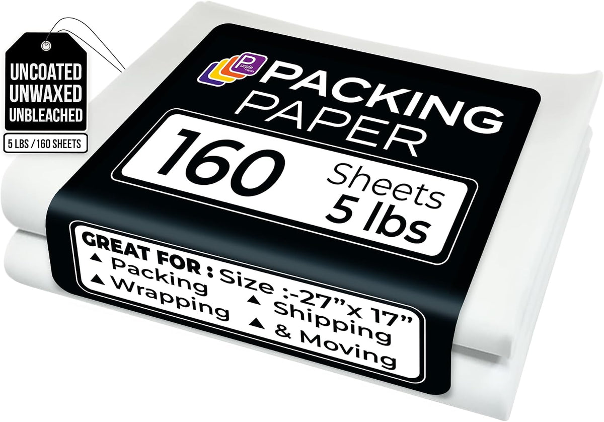 A pack of 160 sheets of uncoated, unwaxed packing paper, 5 lbs, shown in a white roll with a black paper label. The label features the text 'PACKING PAPER 160 Sheets 5 lbs' and lists uses such as packing, wrapping, shipping, and moving.