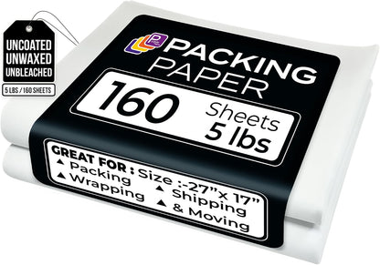 A pack of 160 sheets of uncoated, unwaxed packing paper, 5 lbs, shown in a white roll with a black paper label. The label features the text 'PACKING PAPER 160 Sheets 5 lbs' and lists uses such as packing, wrapping, shipping, and moving.