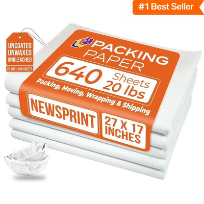 White Bulk Packing Paper for Moving 27"x17" – 640 Sheets | Newsprint Paper for Shipping, Fragile Items
