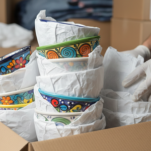 White Packing paper for moving

colorful ceramic bowls with some patterns on them wrapped in white packing paper which is thick, bright white color. some dishes are stacked. side by side some bowls are wrapped. 